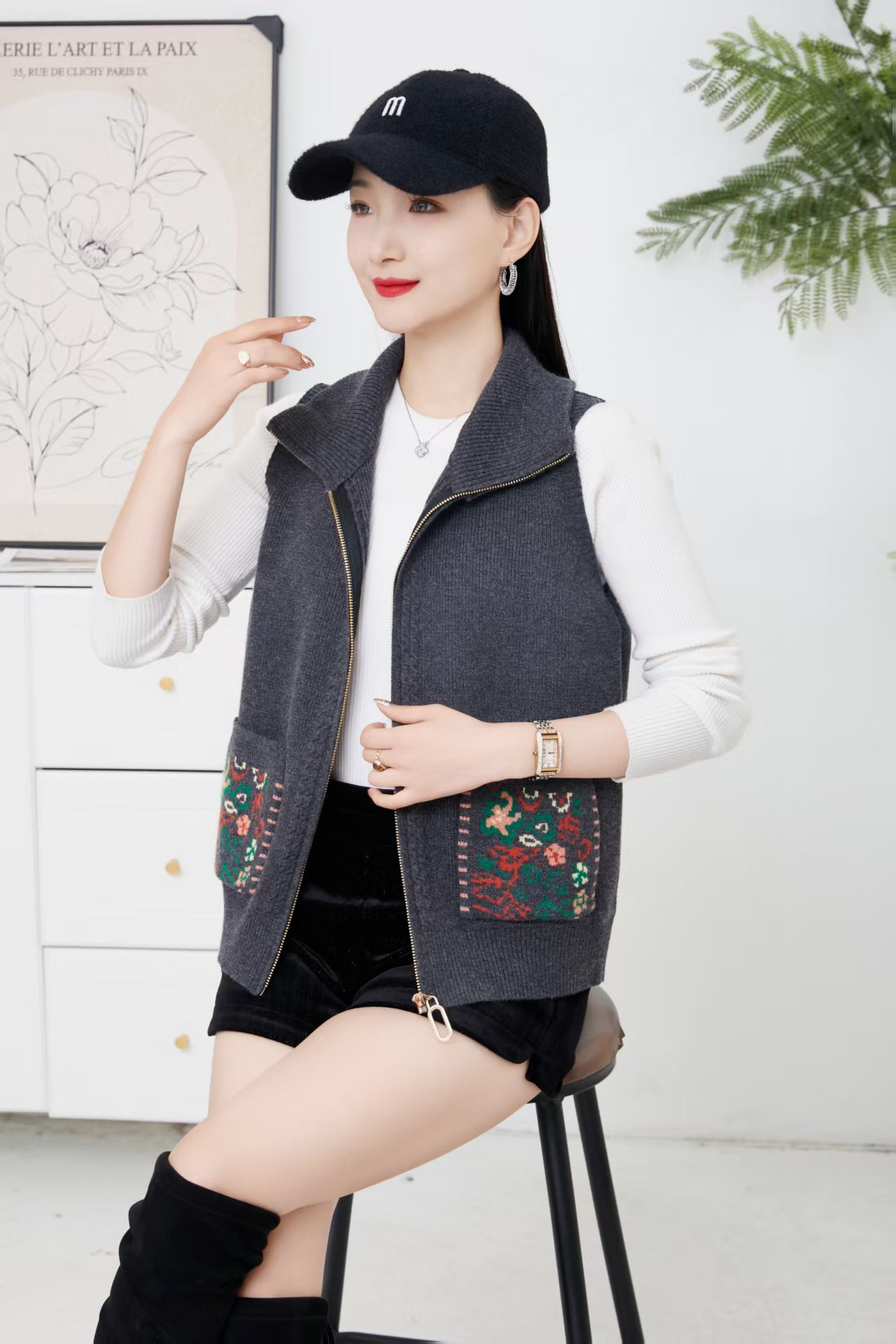 春款口袋坎肩高领翻领马甲中老年妈妈装保暖休闲