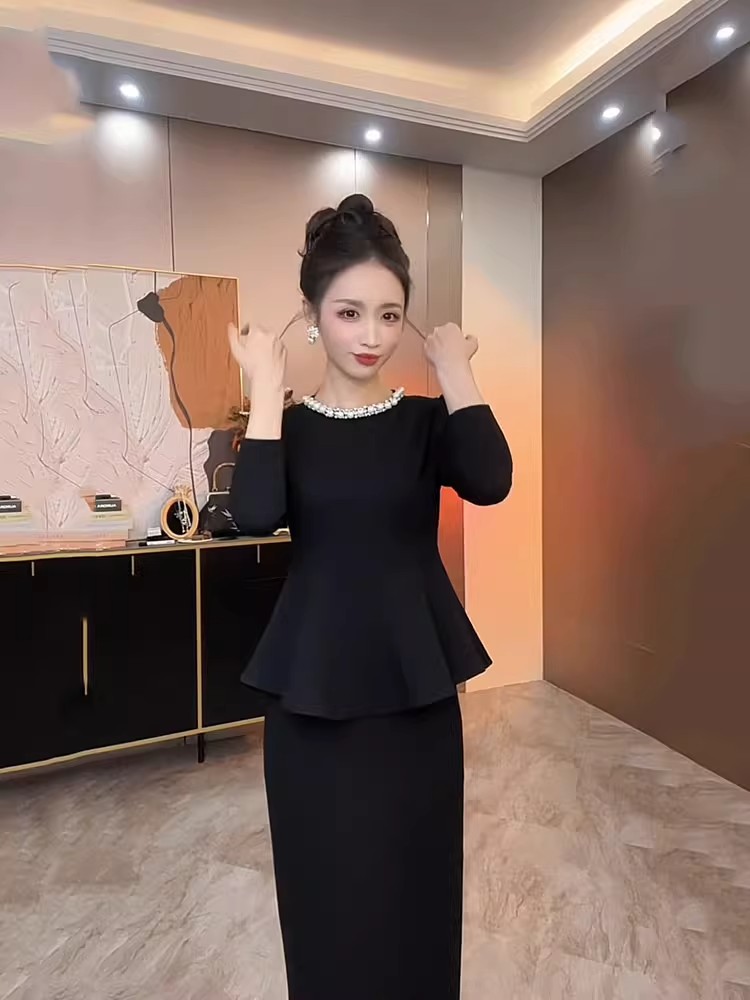 名媛风秋季收腰显瘦两件套荷叶边上衣半身裙黑色套装A洋气衣服女