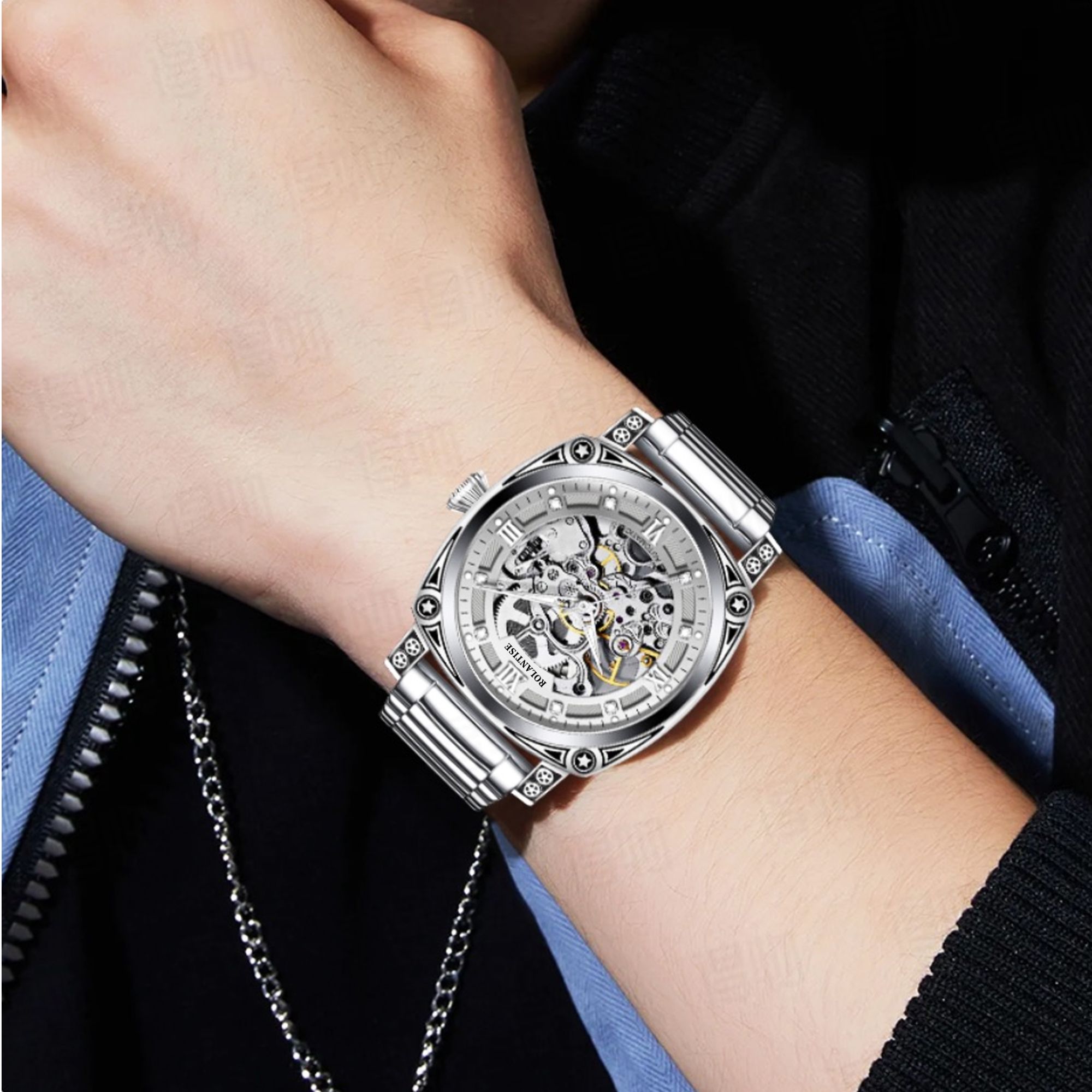 瑞士品牌ROLANTISE【雕花】系列高端奢华含金全自动夜光腕表PX