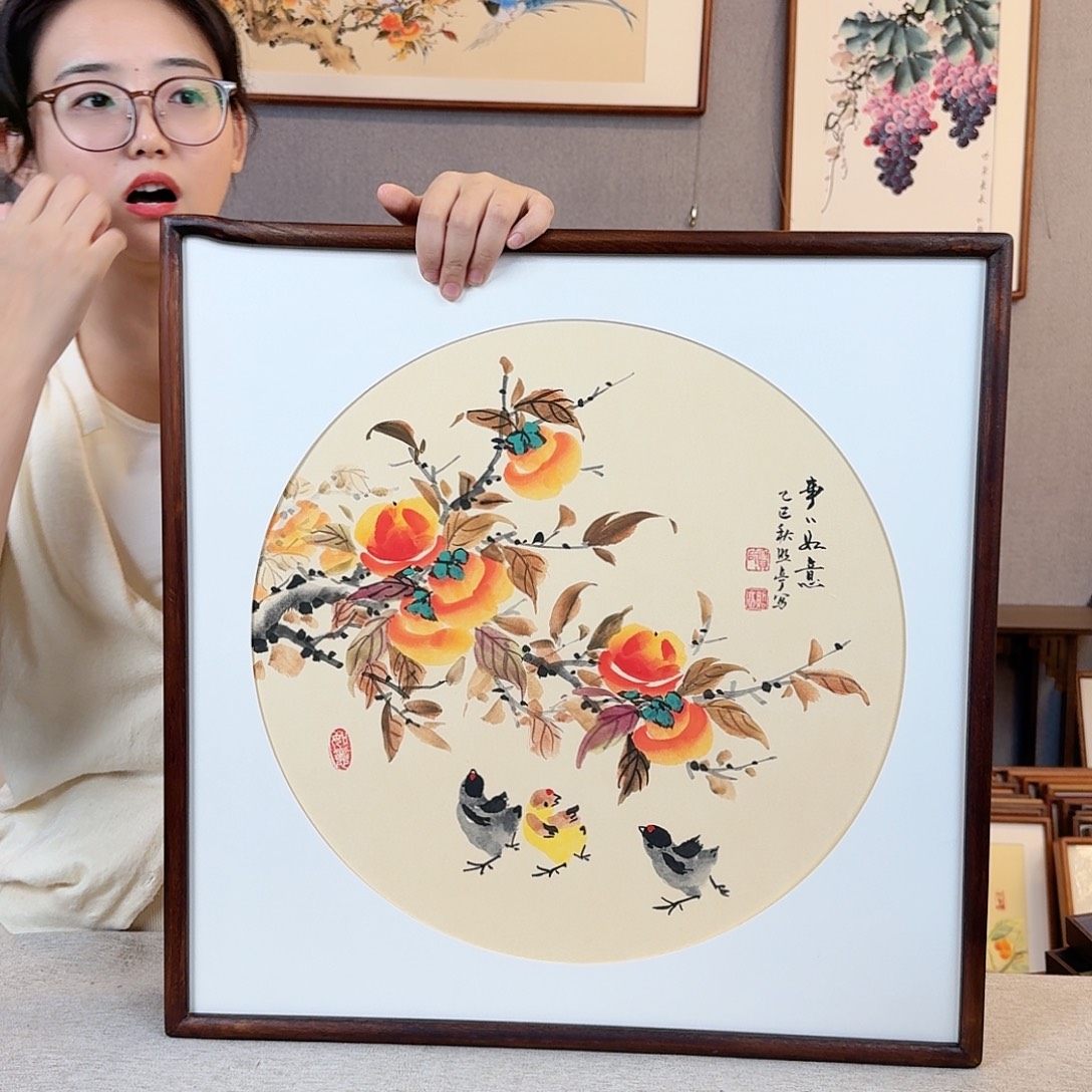 国画纯手绘，纯手写带框尺寸：53×53厘米