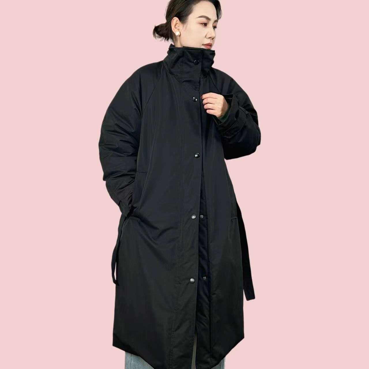 【1073】羽绒服~高端大气～休闲冬季宽松收腰系带保暖长款羽绒服