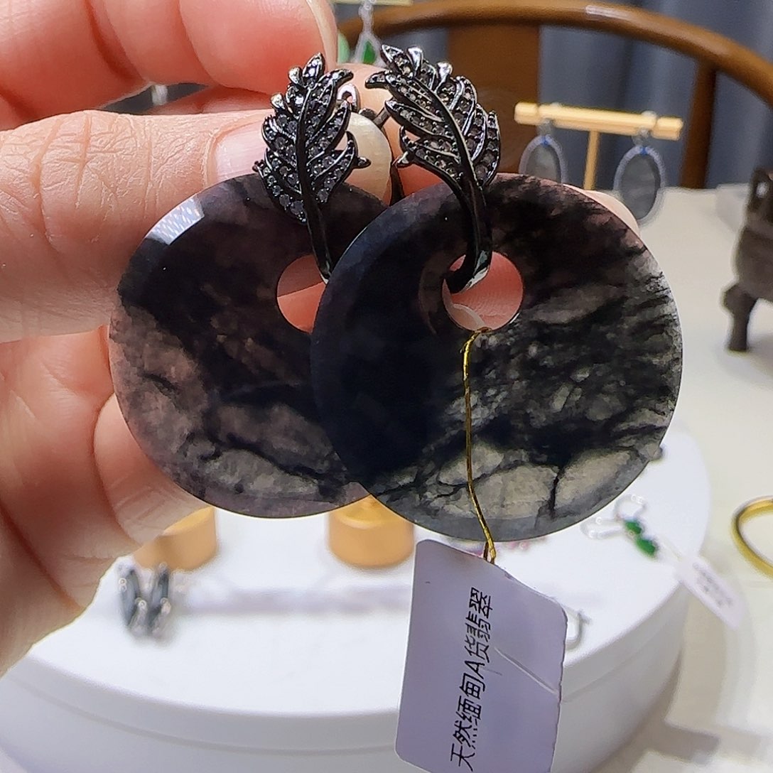 翡翠耳饰银S925镶嵌天然缅甸a货翡翠