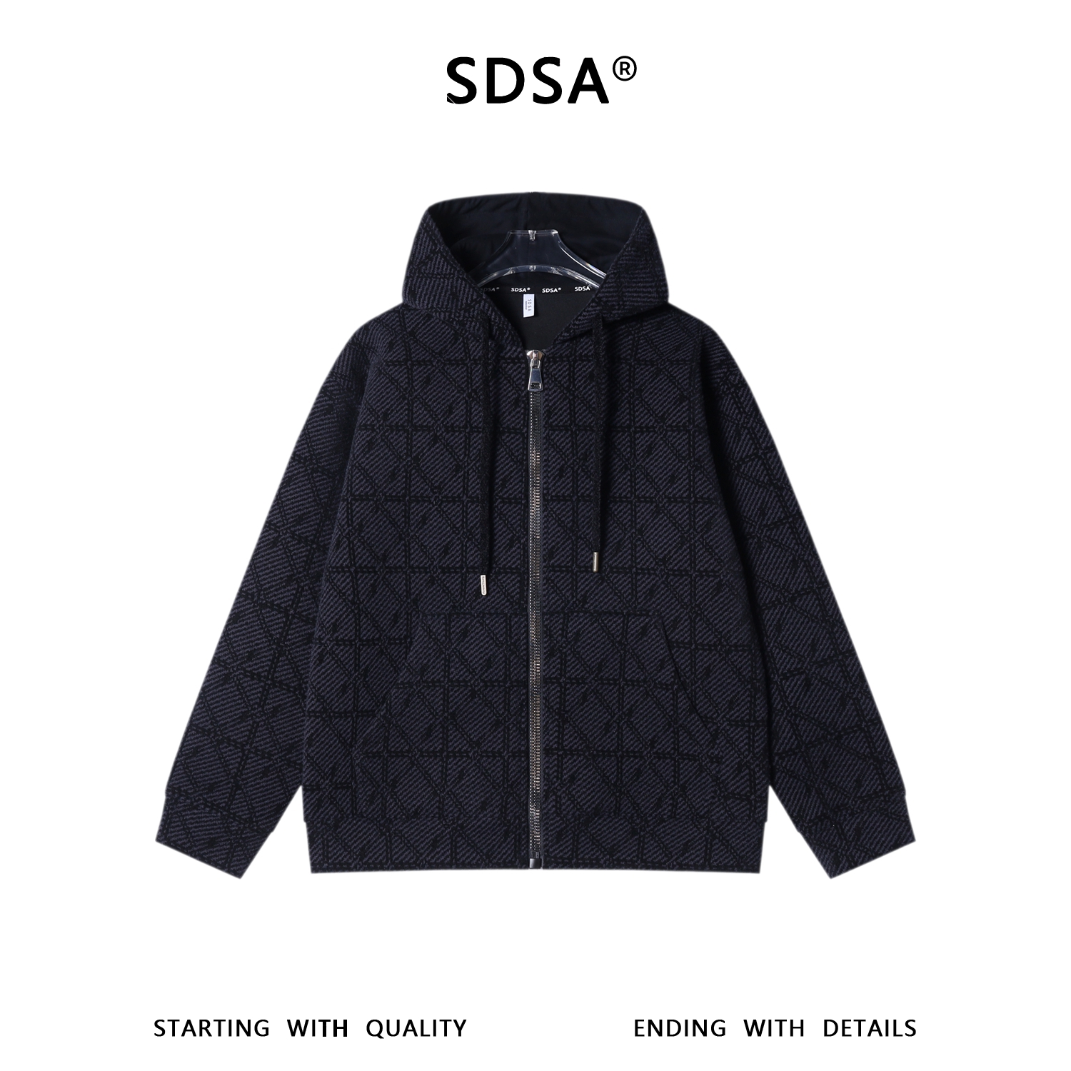SDSA秋冬新款痞帅男装潮流高街提花格子撞色拉链连帽卫衣外套百搭