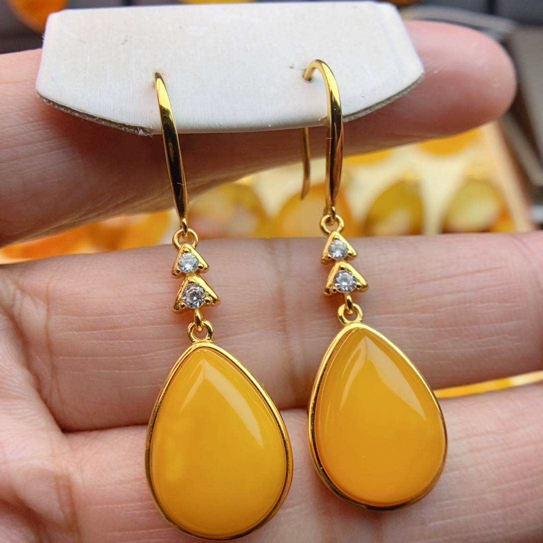 琥珀耳饰银S925镀金镶嵌