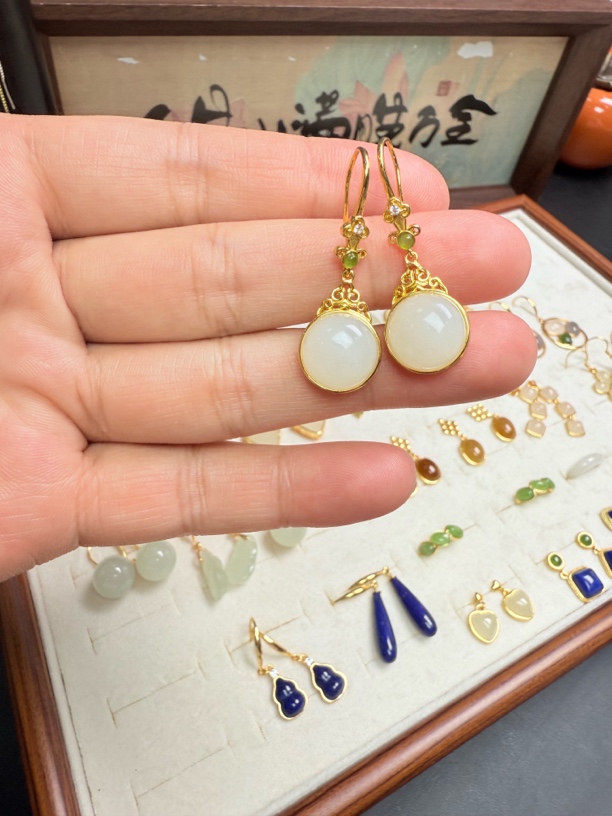 和田玉白玉耳钩S925银镶气质百搭