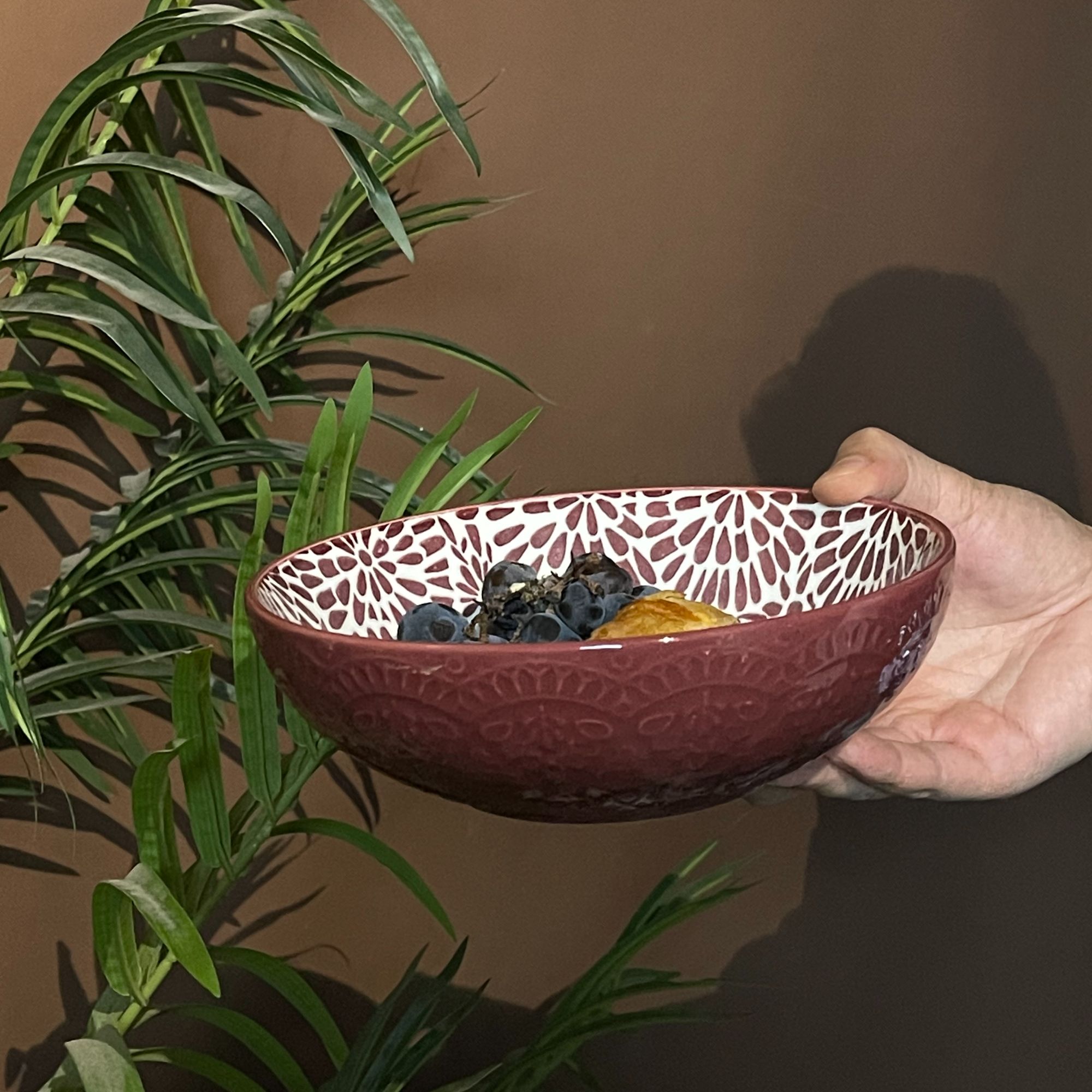 p276 复古陶瓷深盘深红色印花汤菜盘 微瑕 凑满20发货