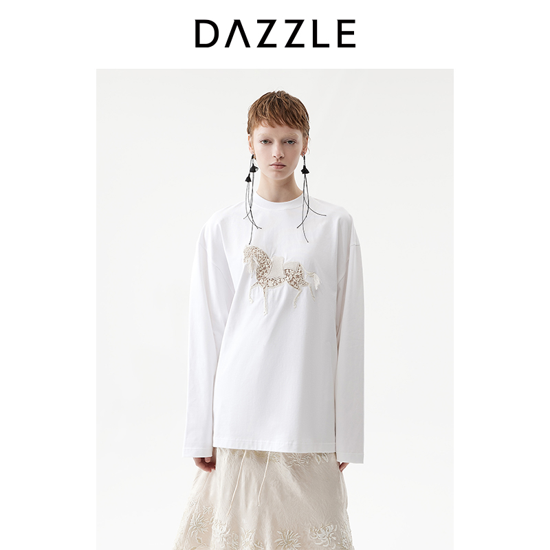 【青绿新春系列】DAZZLE 地素T恤26春纯棉漂白色长袖上衣2K1BA93