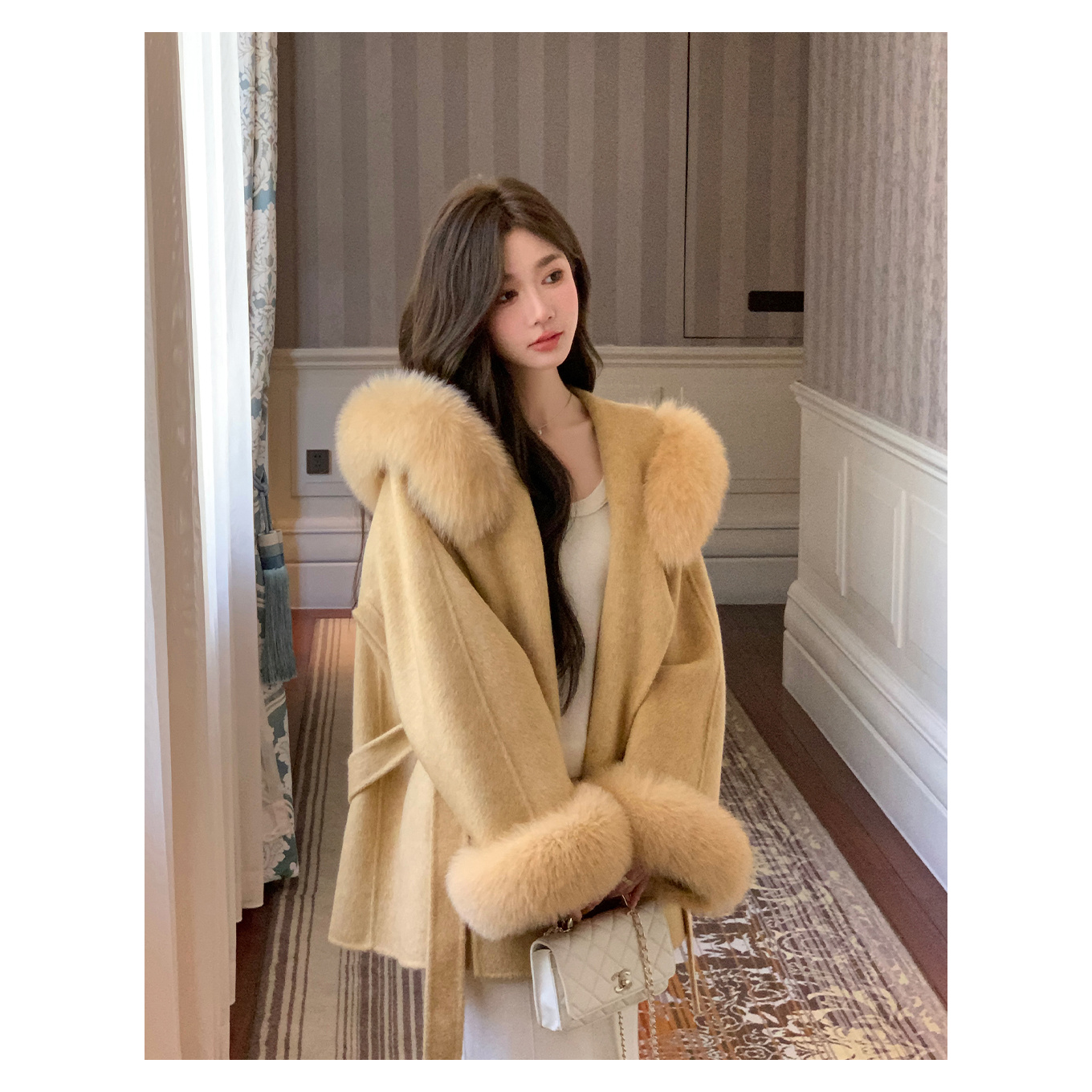 【里约日落】冬季连帽大毛领双面羊毛呢外套高级感大衣