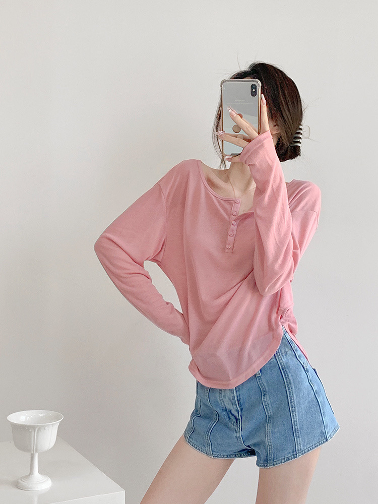 长款V领防晒长袖中长款纽扣领T恤百搭透气韩版春秋