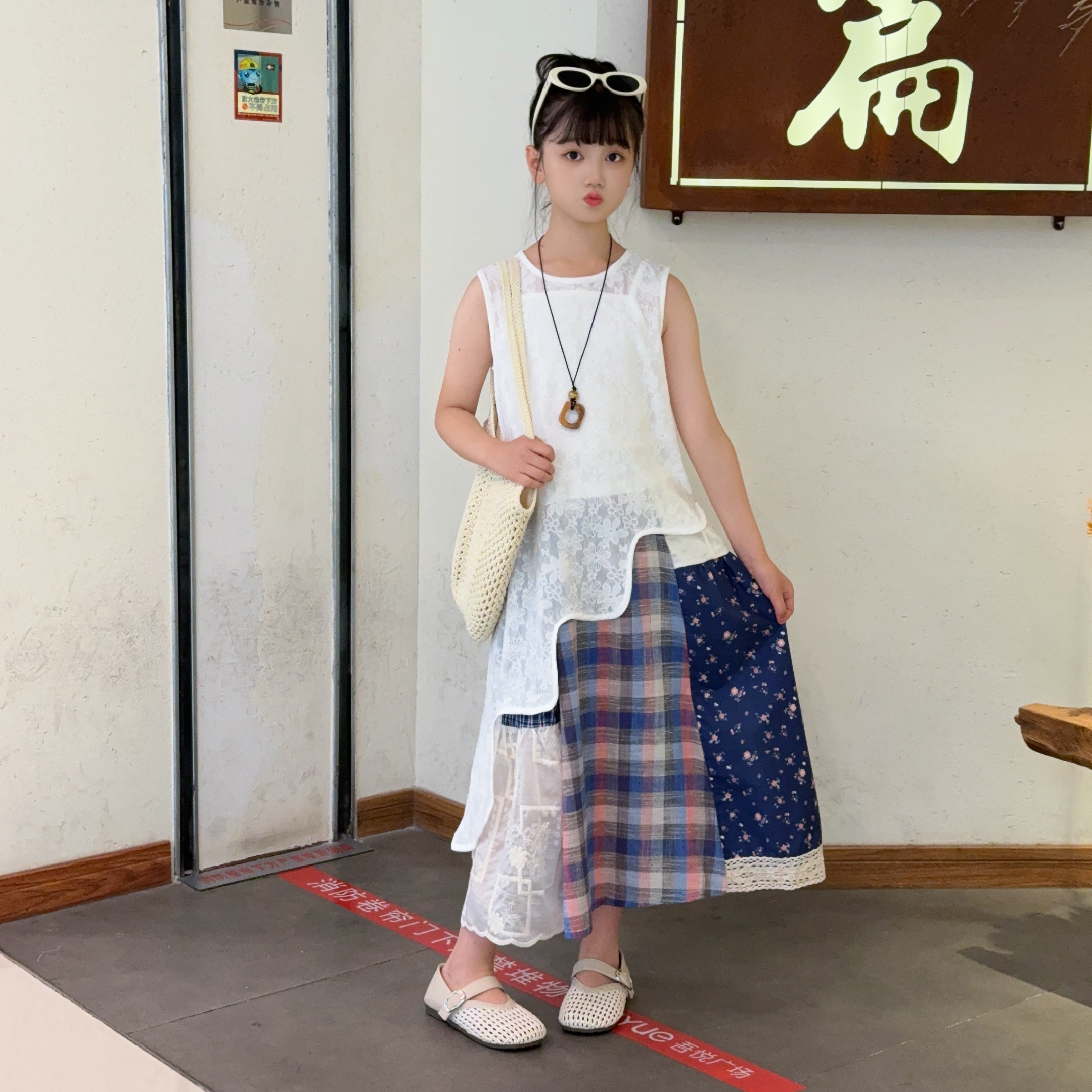 2025夏季新款女童中大童洋气罩衫背心拼接裙子套装女大童休闲套装