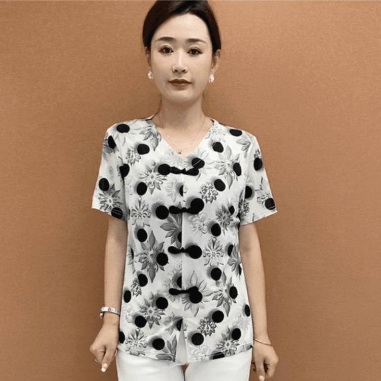 中老年女士短袖新款盘扣衬衫印花夏季T恤宽松显瘦妈妈装小衫上衣