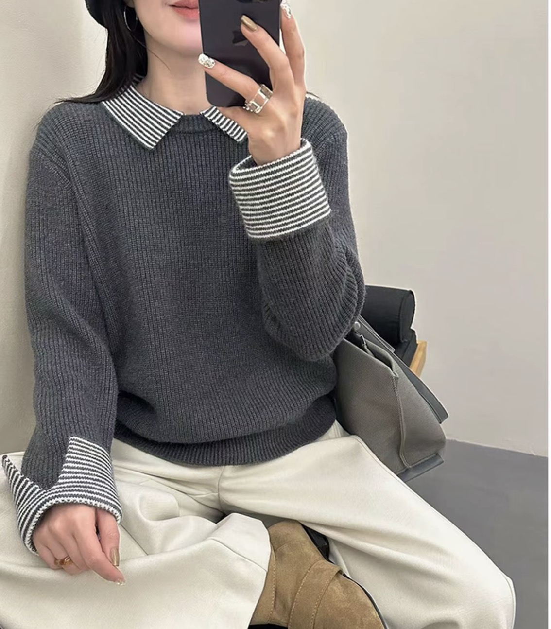 女针织毛针织衫女秋冬针织衫长袖假两件宽松套头