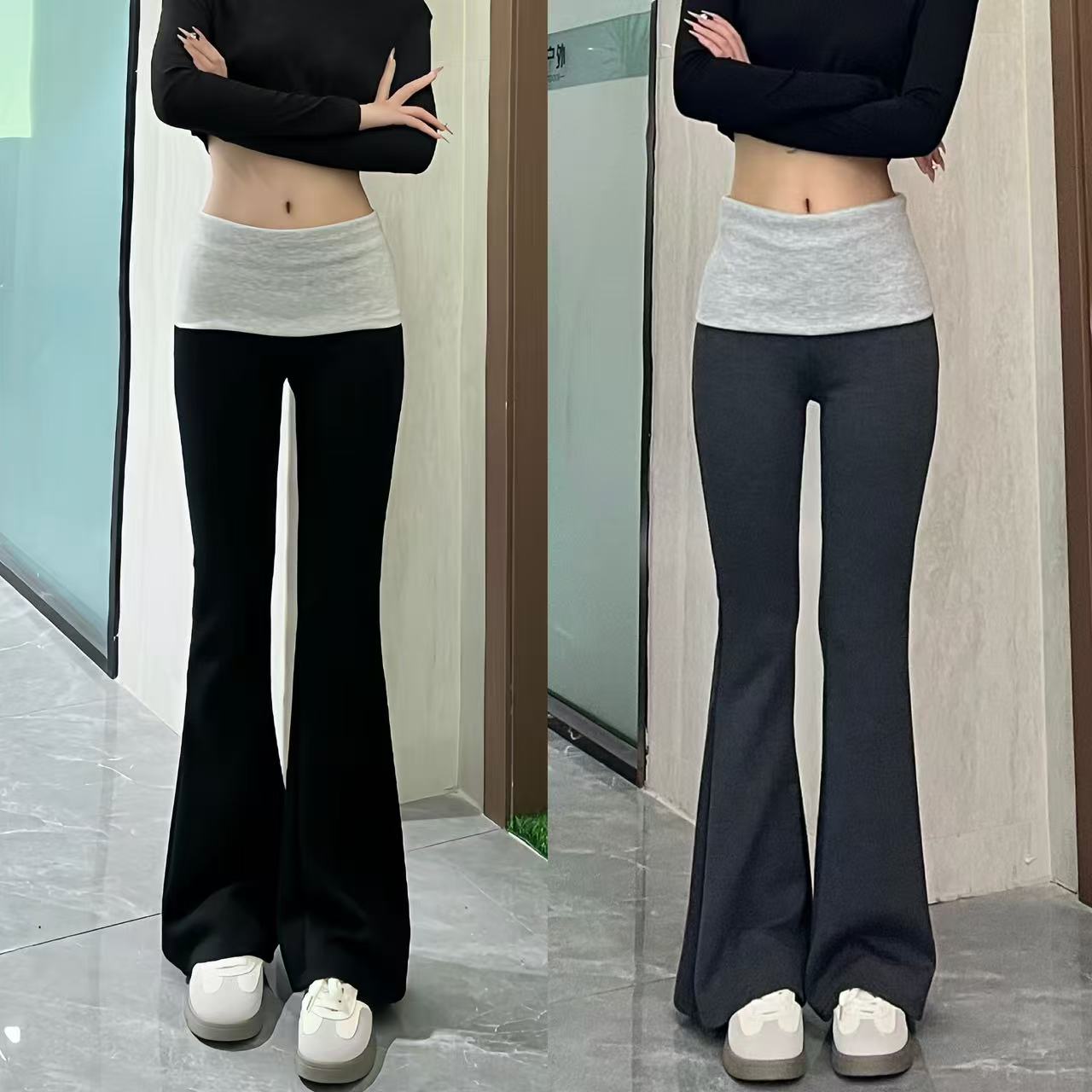 【超模裤】加绒加厚 美式微喇裤高腰拼接撞色显瘦马蹄裤拖地长裤