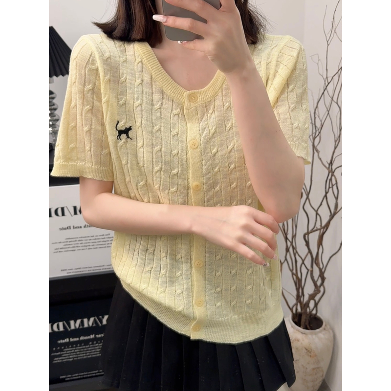 A8432号黄色-夏季新款小众宽松轻薄百搭上衣甜美针织衫女