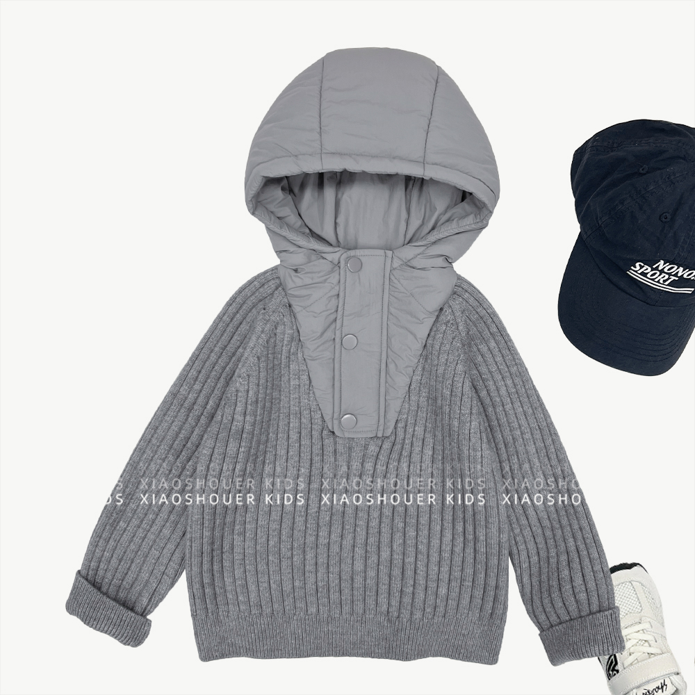 【小首尔】现货-冬装男女童韩版纯色套头拼接连帽针织毛衣HBB8314