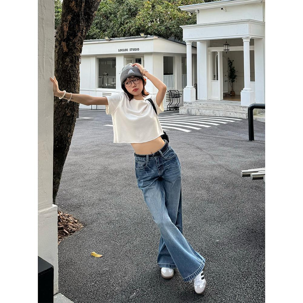 王家有鱼2025秋季新款美式复古蓝阔腿牛仔裤女设计感百搭显瘦裤子