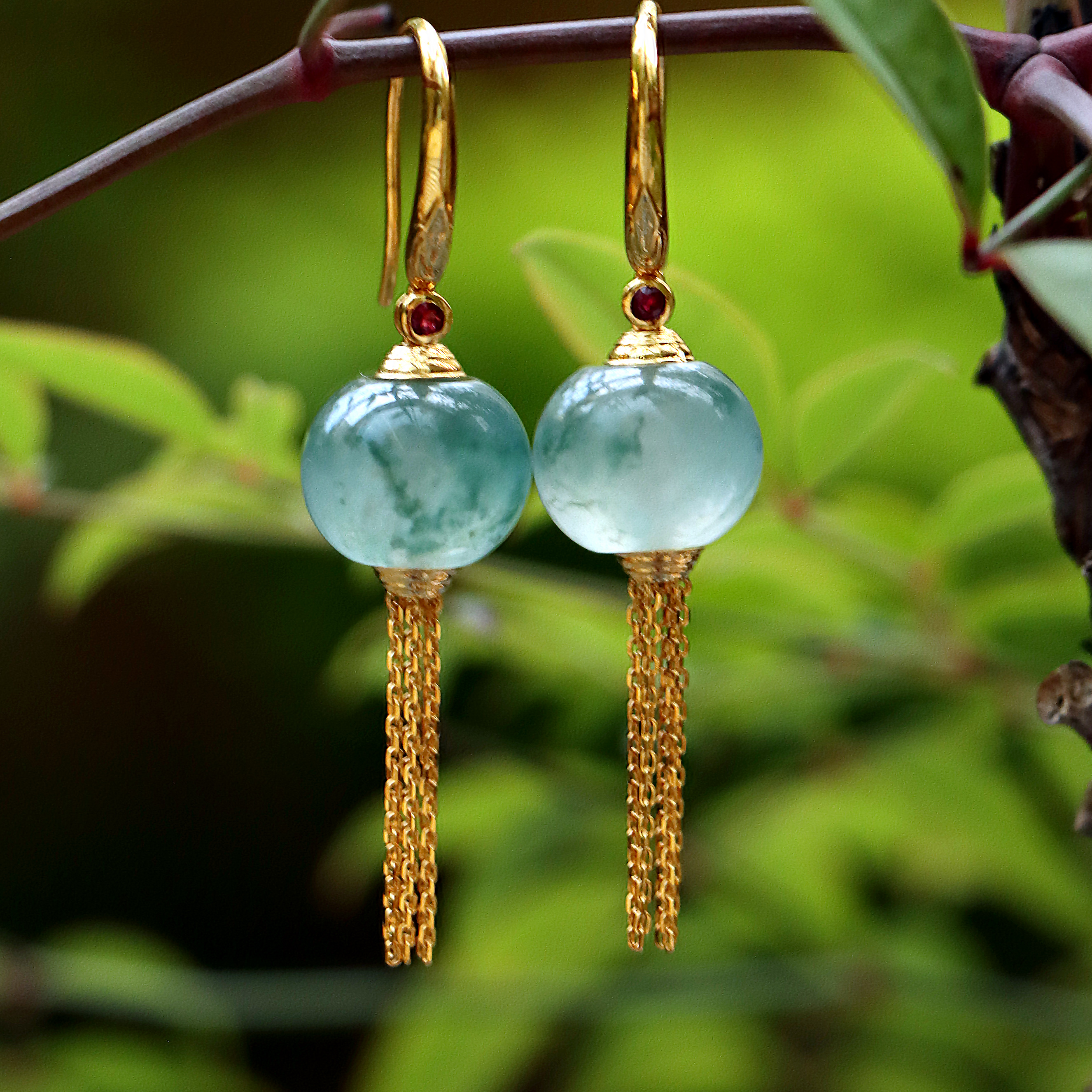 【青鸾衔丹】清缅甸老坑冰种蓝绿飘花翡翠珠耳饰 18K金镶国风耳环