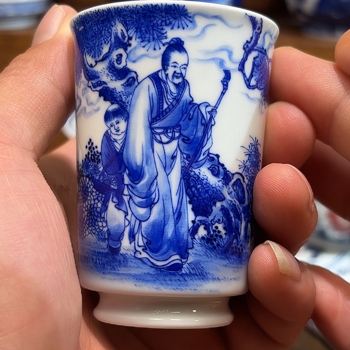 清***雅青花手工手绘人物杯