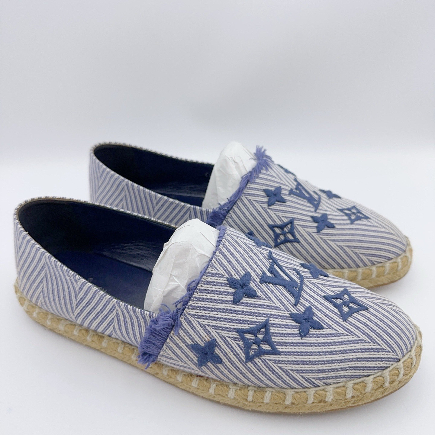 99新 LouisVuitton/路易威登 38码/蓝色帆布满印渔夫鞋/01689