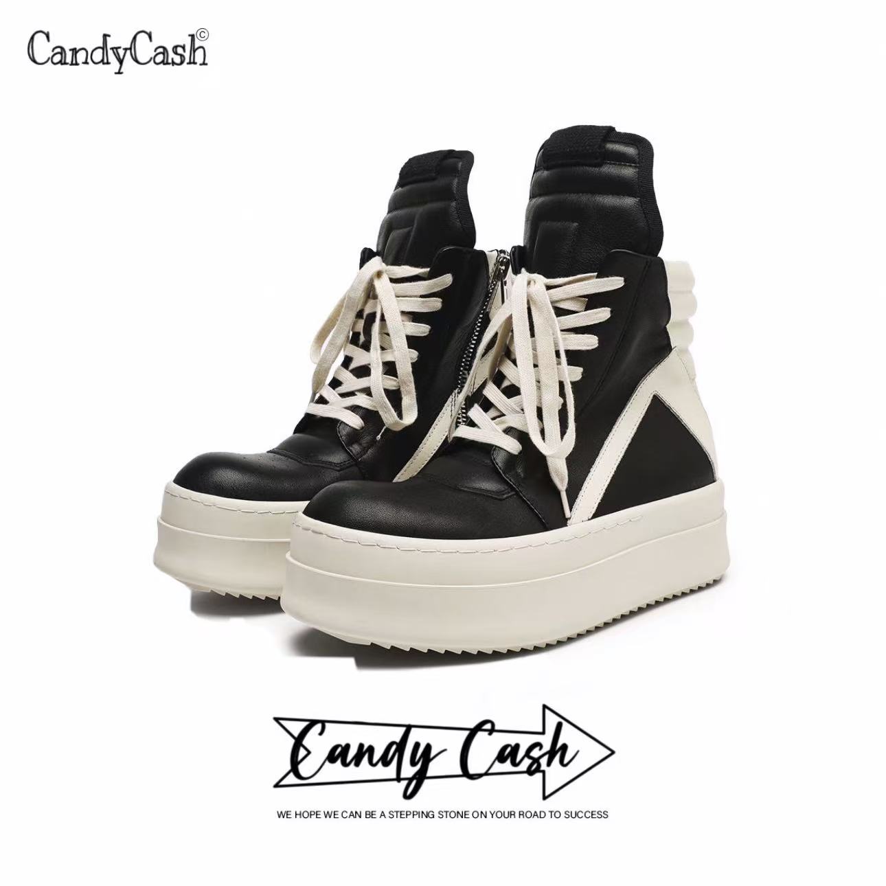 Candy4Luv 牛皮厚底倒三角6cm高帮增高鞋奶香底情侣鞋