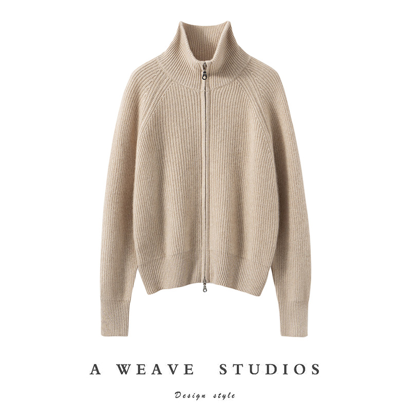 100%山羊绒重磅加厚拉链翻领毛衣外套女士纯羊绒开衫（410克左右）
