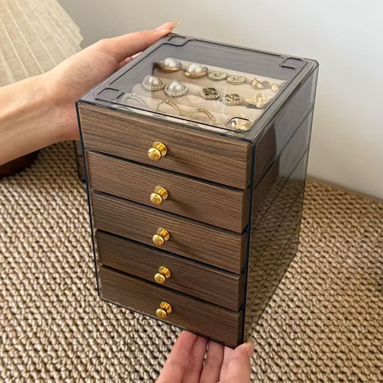 高档精致饰品收纳盒多层胡桃木纹戒指耳钉耳环耳饰收纳手饰首饰盒