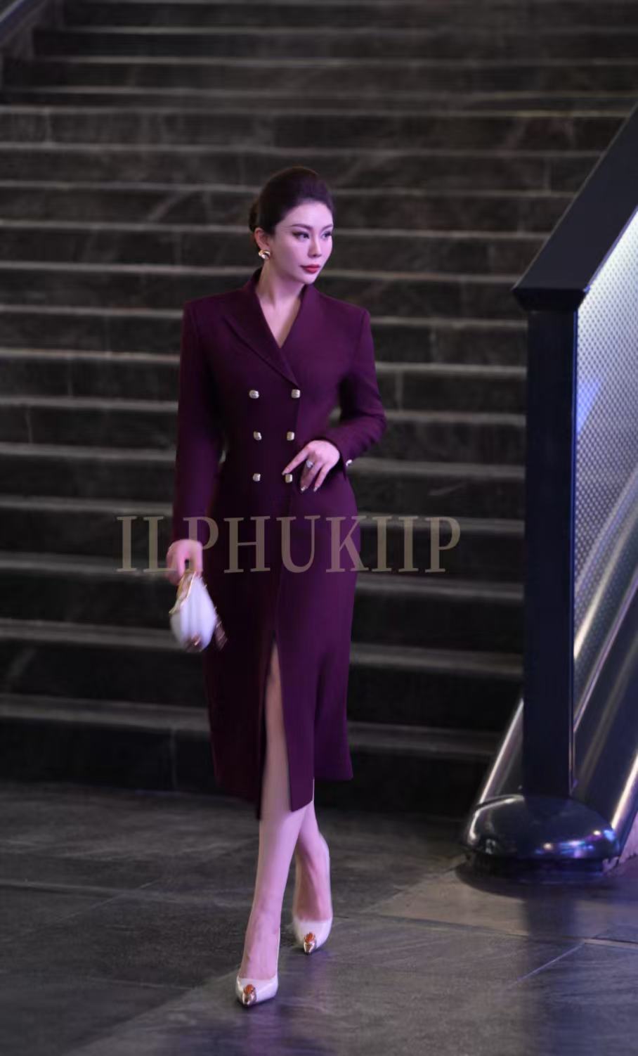 ILPHUKIIR 【优雅紫红】春秋高定双排扣收腰长款显瘦风衣外套连衣裙