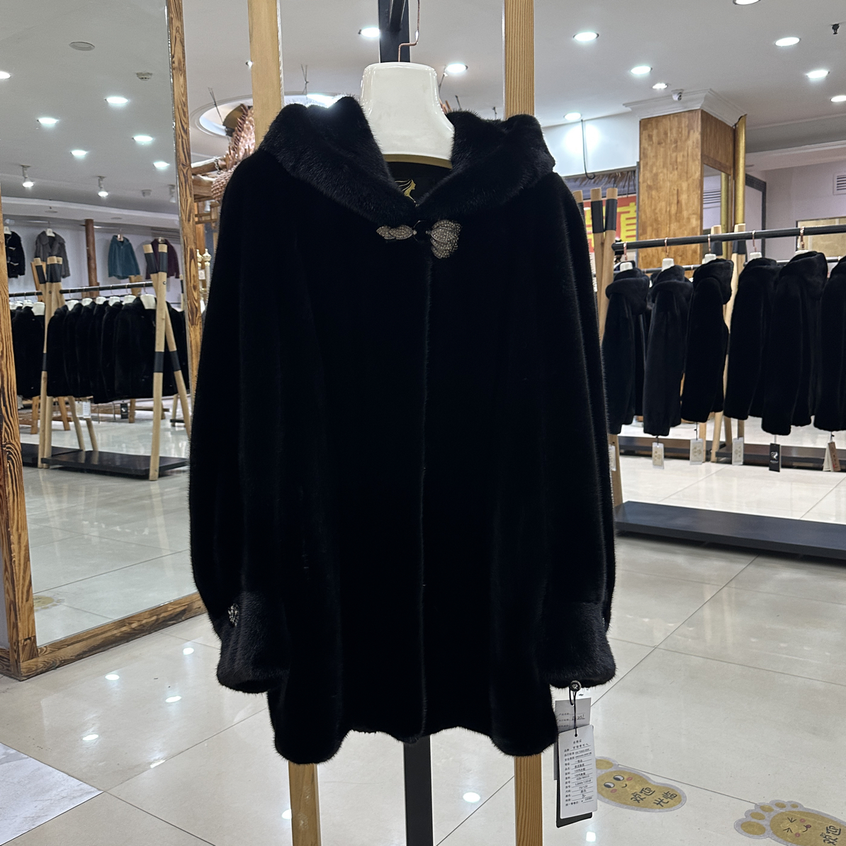 黑色韩版连帽肩下浪中长貂皮大衣新款海宁女款2025皮草外套正品