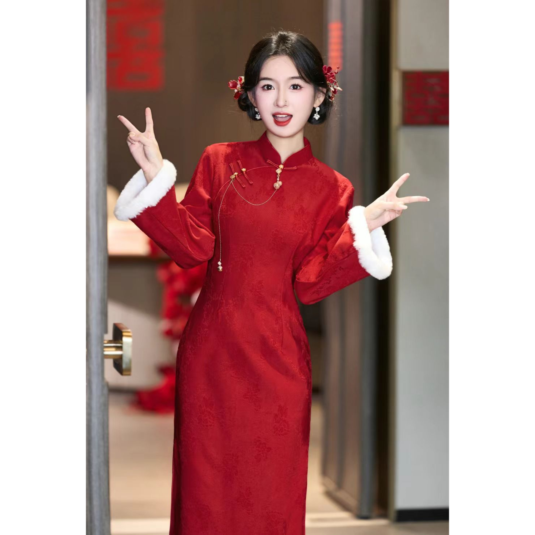 新中式红色旗袍女敬酒服新娘结婚订婚礼服加绒冬装连衣裙2025新款