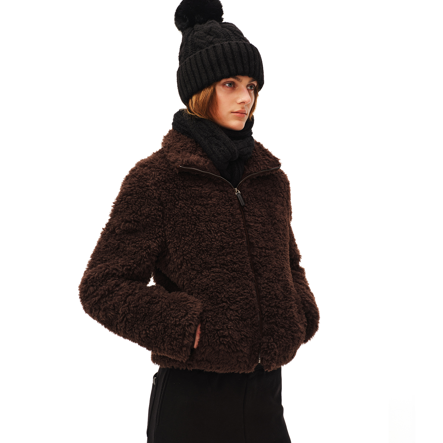 SMIIILE冬季新款泰迪绒感短款温暖厚实咖色修身立领毛毛外套女