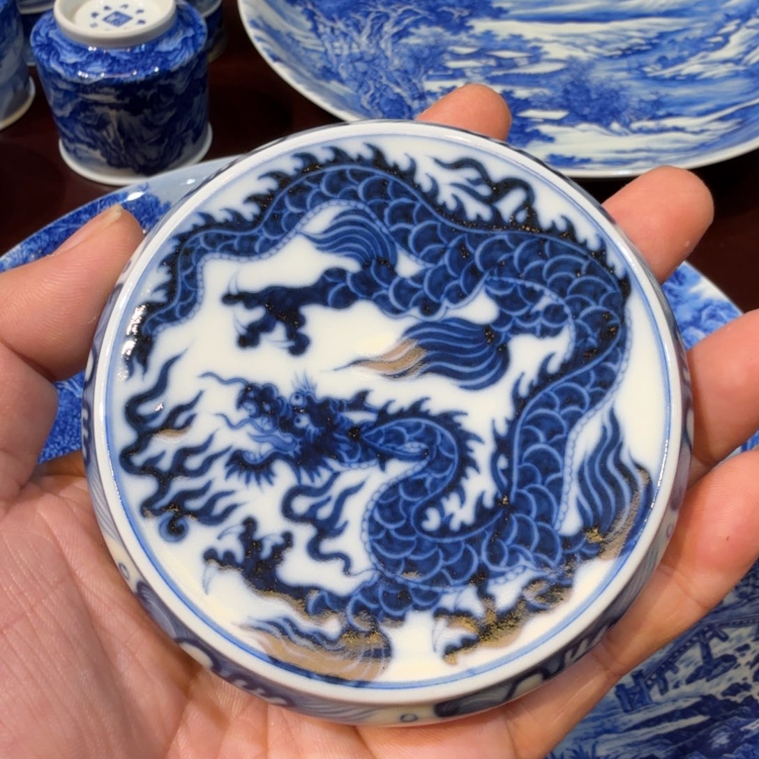 柴窑青花龙纹盖置