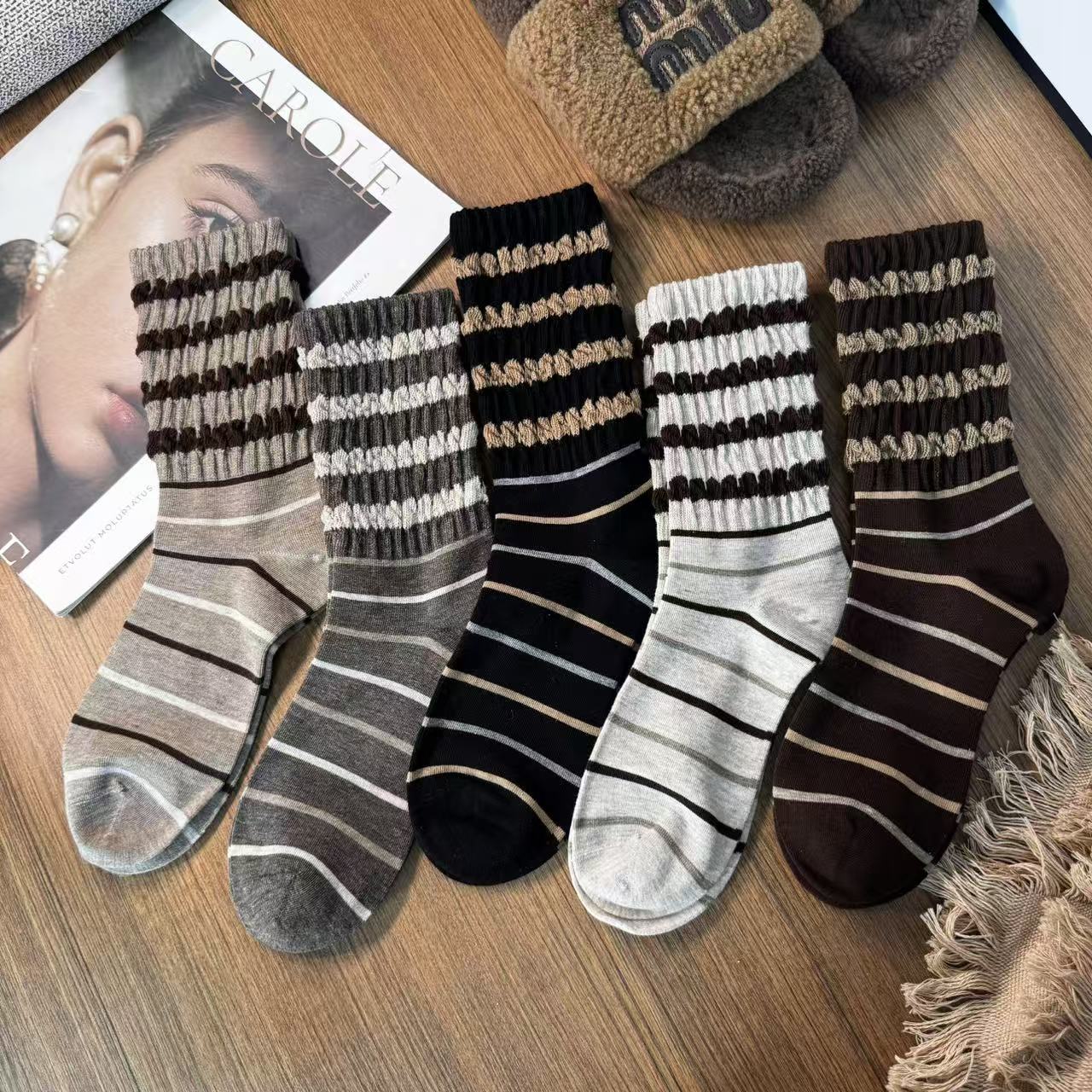 松口袜复古条纹慵懒风无骨缝合透气堆堆袜秋新款315-20袜子
