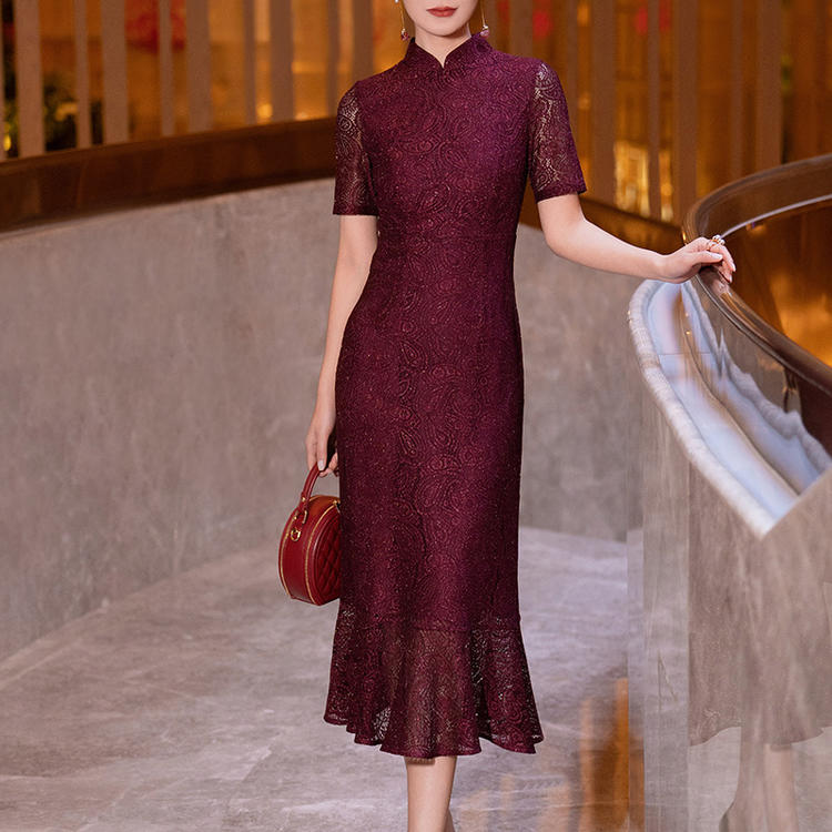 2025夏季新款优雅国风气质蕾丝鱼尾连衣裙显瘦小个子婚宴婚礼结婚