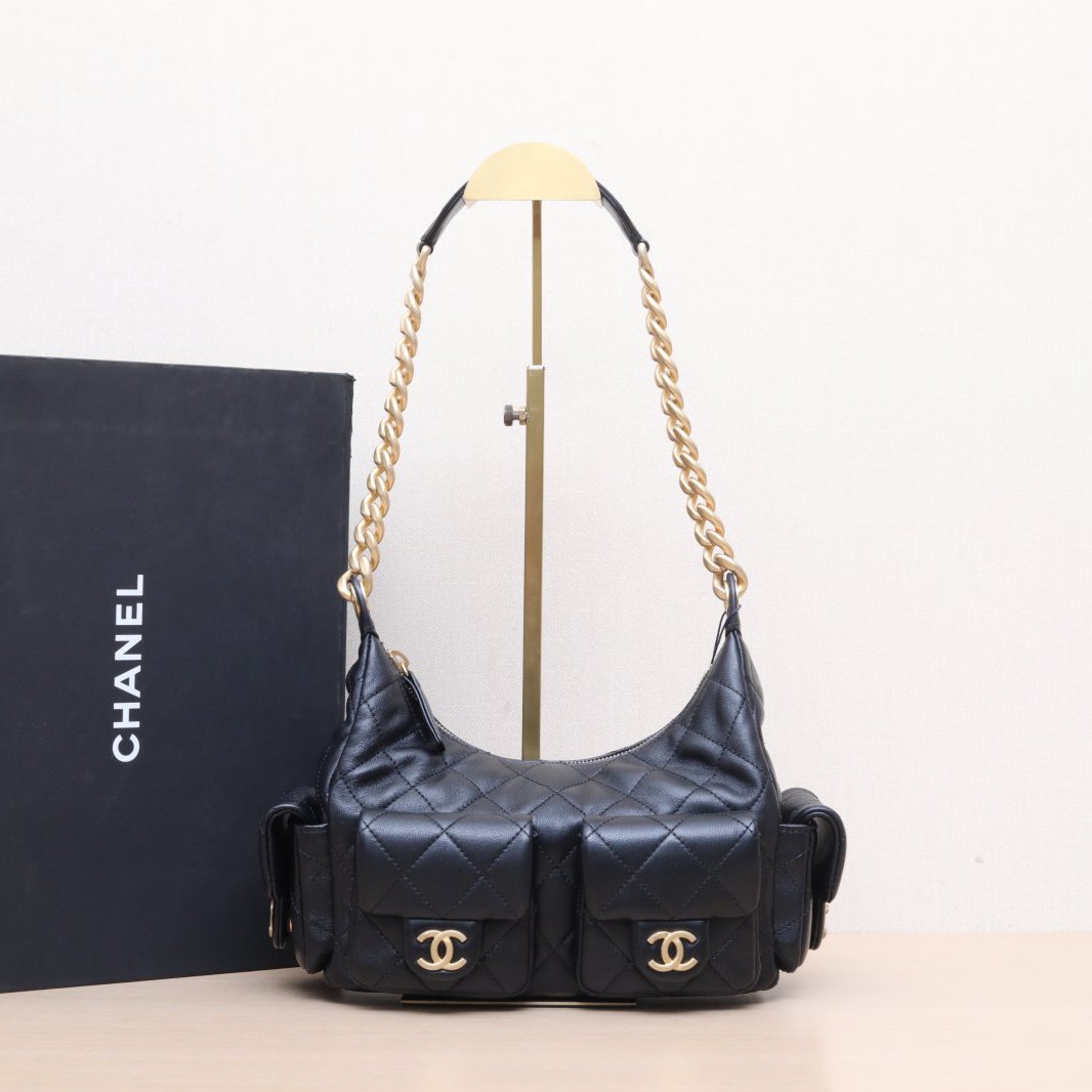 99新 Chanel/香奈儿 【小花念念】25C hobo 双口袋 腋下包 黑色