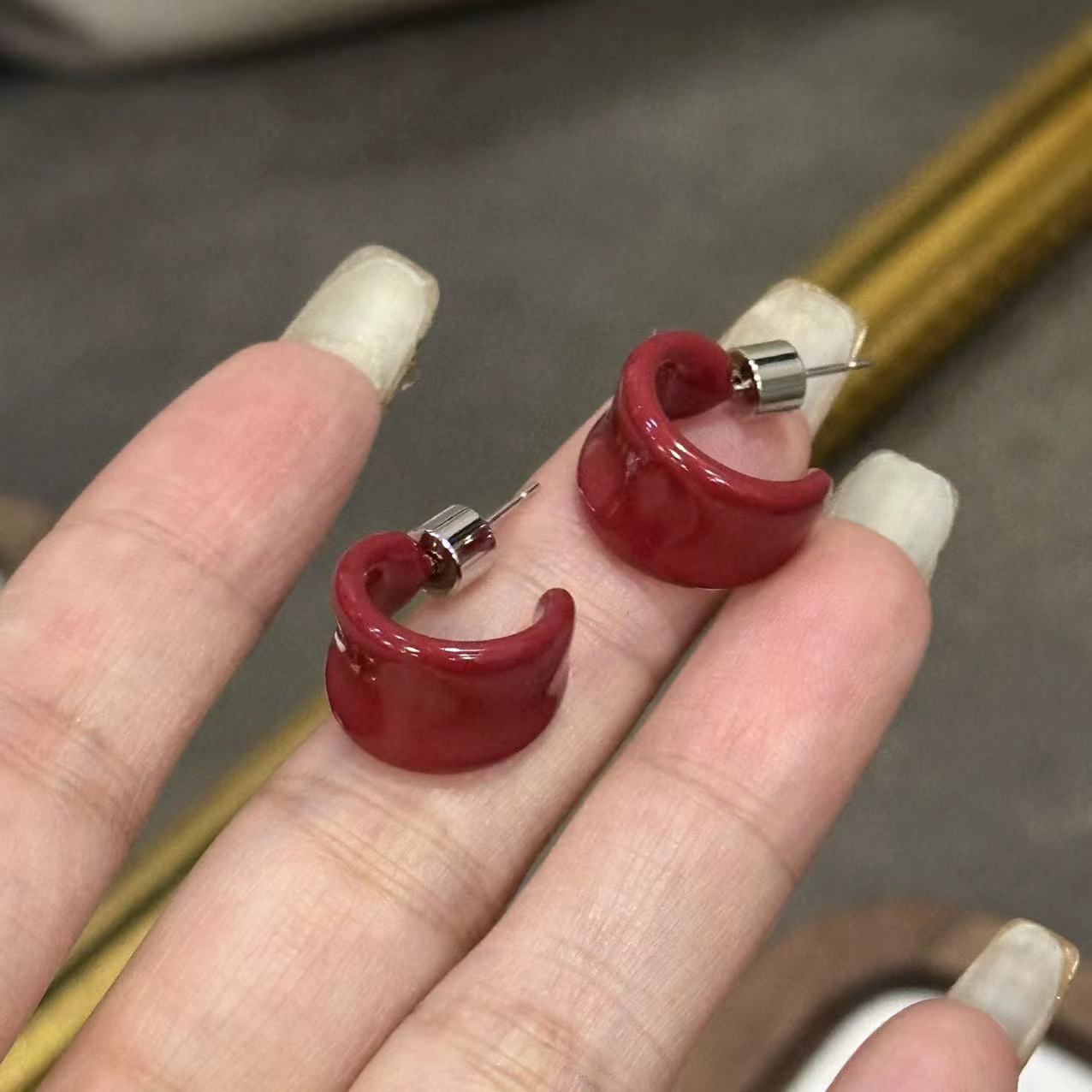 铜合金耳饰 高级感红色简约耳饰-4396