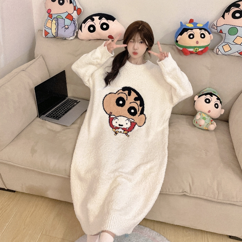 【春日部蜡笔小新联名】半边绒睡袍女秋冬季睡裙睡衣家居服可外穿