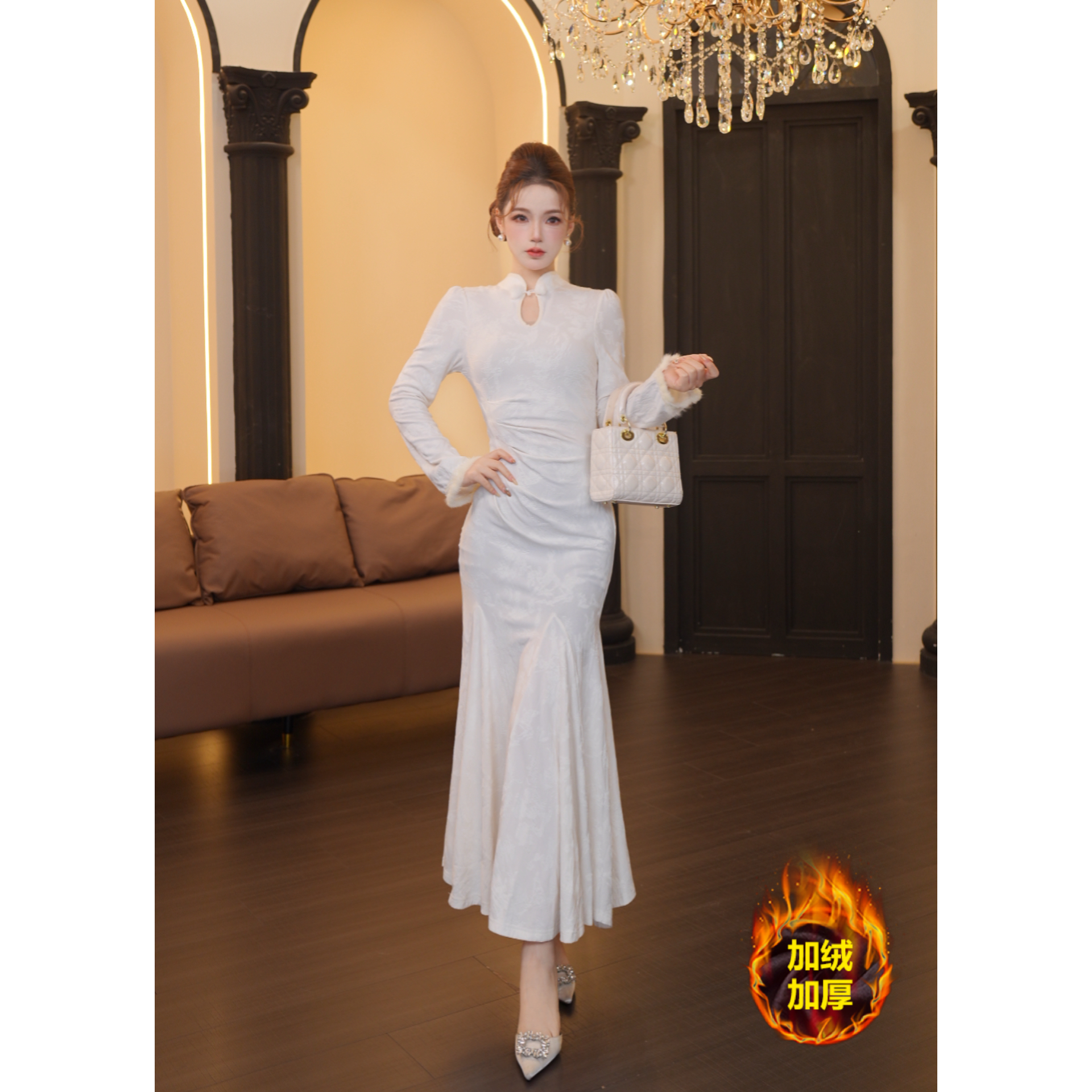 3店-279【温迪专属】长裙白色加绒加厚秋冬连衣裙YQ335