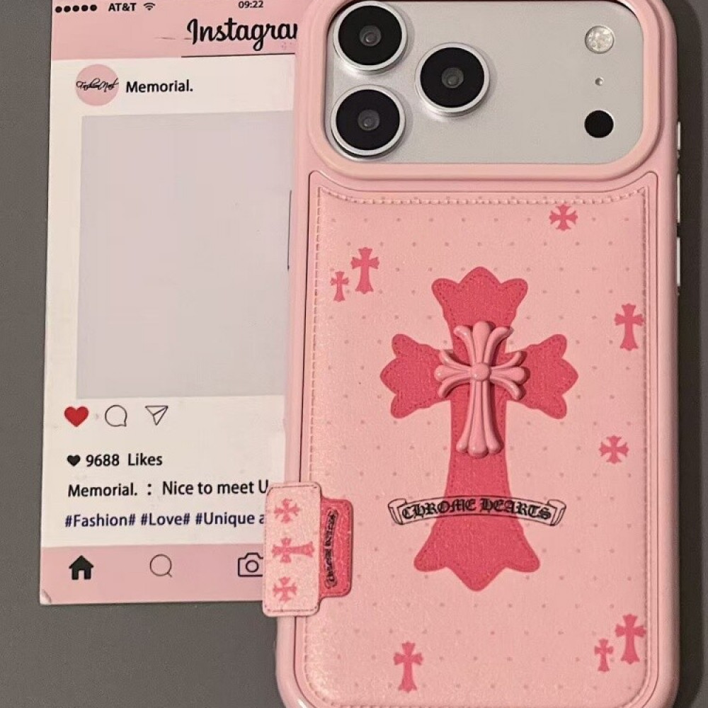 粉色皮质克罗心十字架适用iphone17promax苹果16手机壳15小众14新