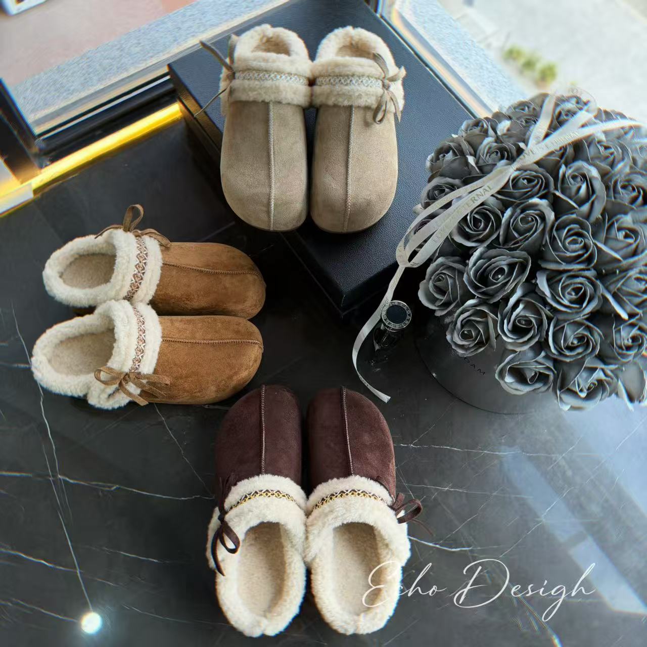 秀气版毛绒绒花生刺绣两穿蝴蝶结厚底加绒保暖包头勃肯拖鞋女冬