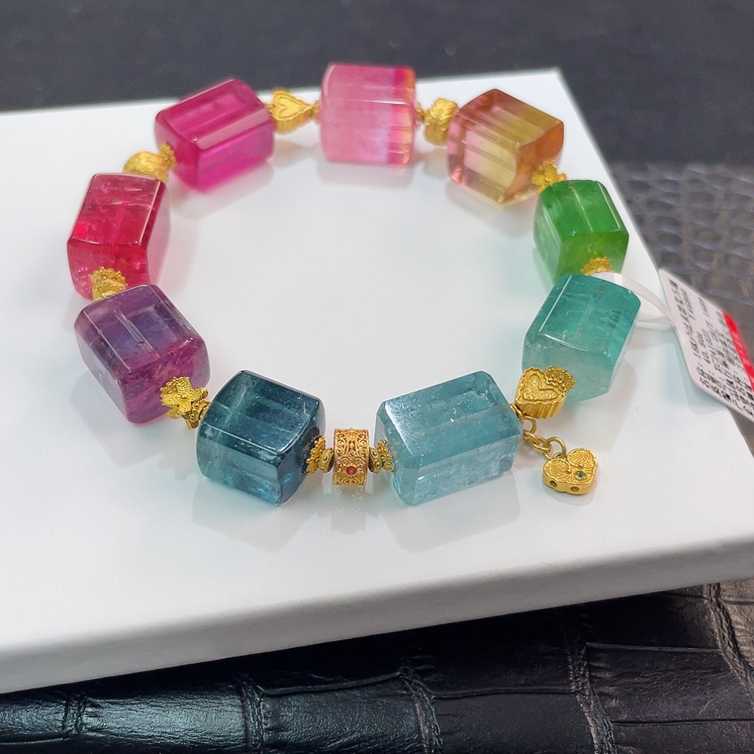 碧玺手链18K金镶嵌 藏品级 净体色标方糖