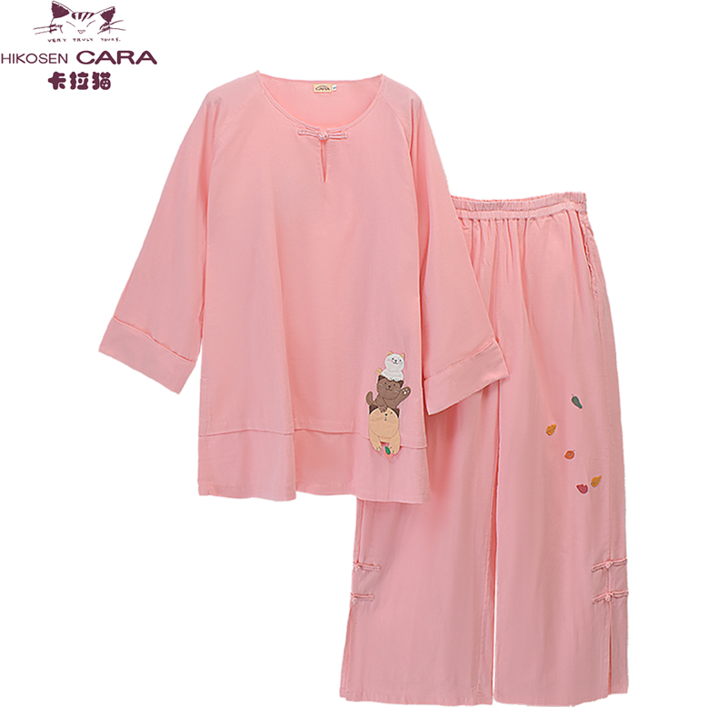 HIKOSEN CARA卡拉猫双层棉麻落落猫中式长褂宽松长袖阔腿裤套装