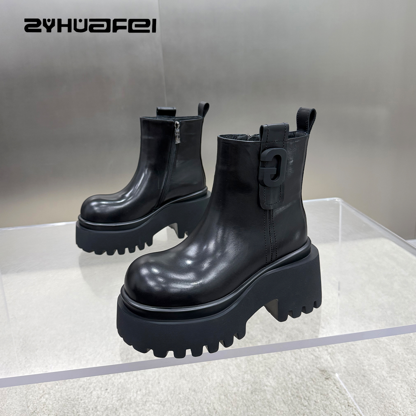 【左右华菲】8.5cm洋气百搭真皮厚底复古切尔西靴2025秋冬新款女靴