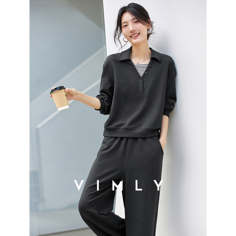 梵希蔓灰色极简风套装女秋季假两件上衣阔腿长裤两件套A2369