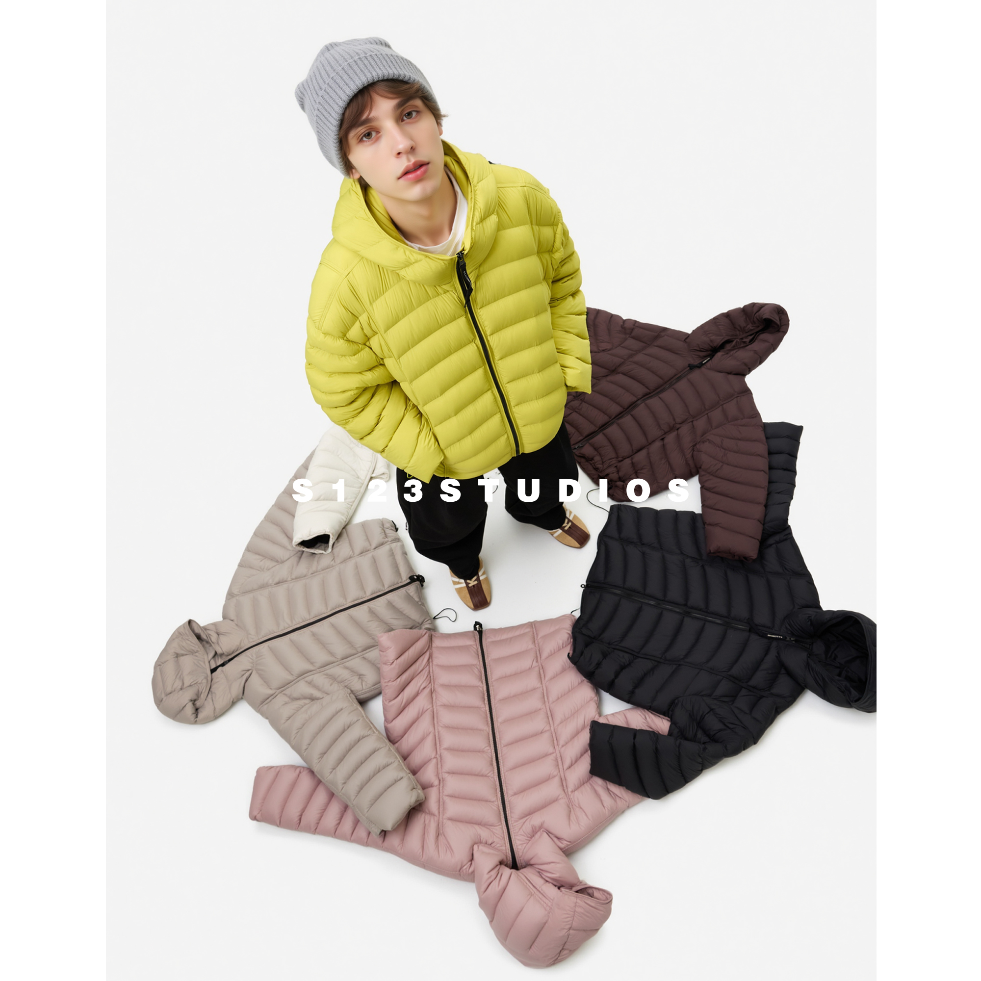 S123美式设计感排骨绗缝羽绒服冬季新款连帽保暖宽松百搭外套男
