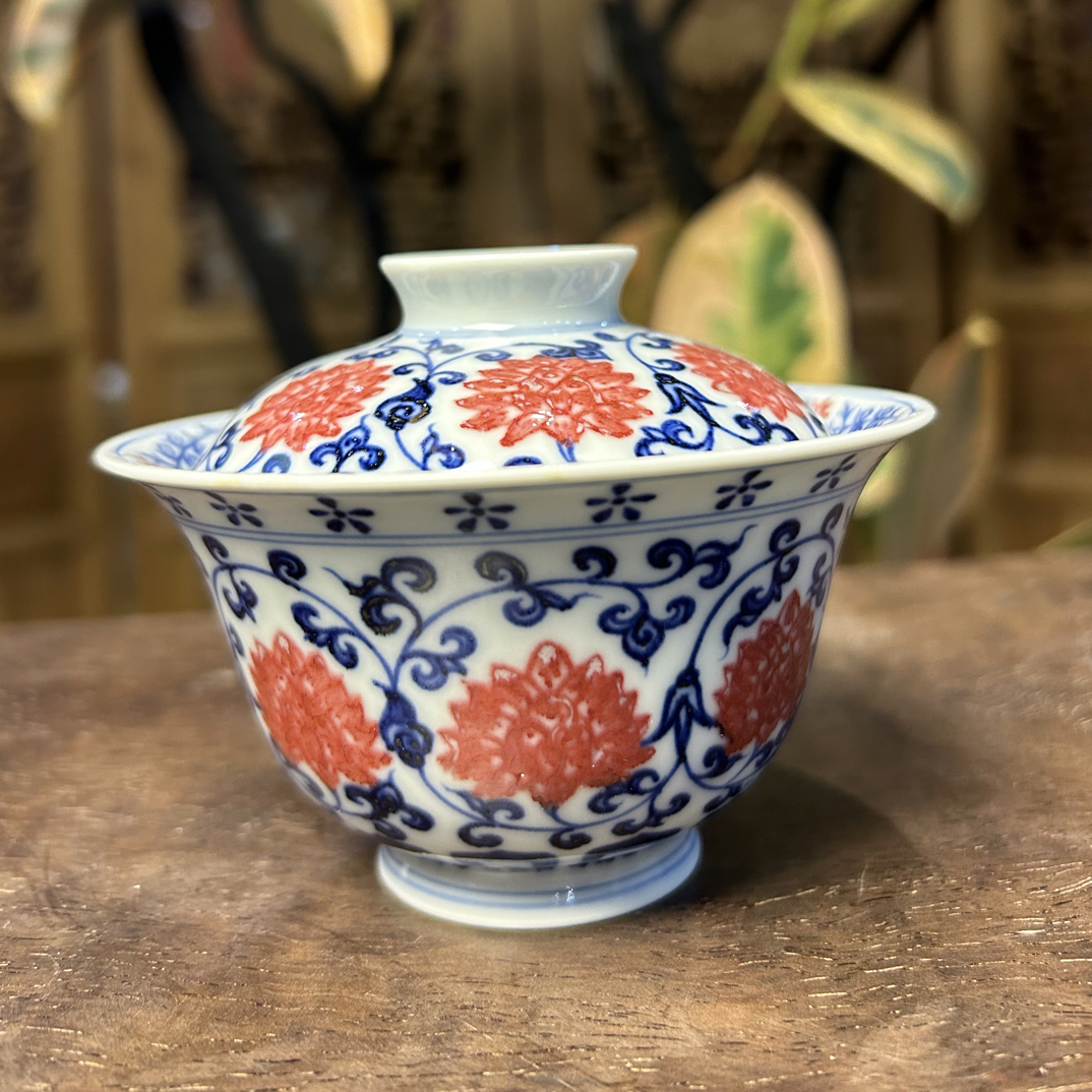 青花釉里红金刚莲元宝盖碗130ml
