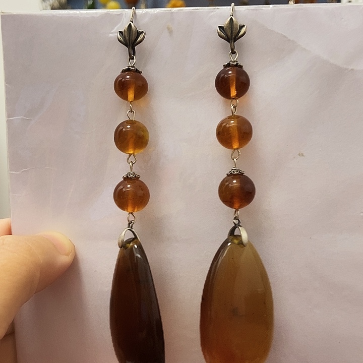 多****琥珀银S925镶嵌耳饰琥珀