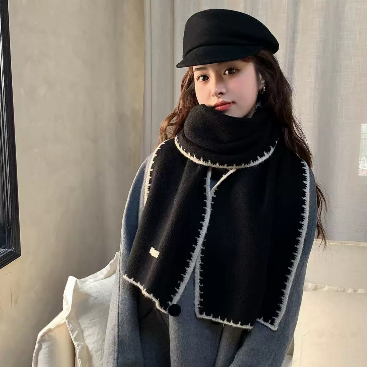 韩系高级感含针织围巾女秋冬百搭加厚保暖围脖