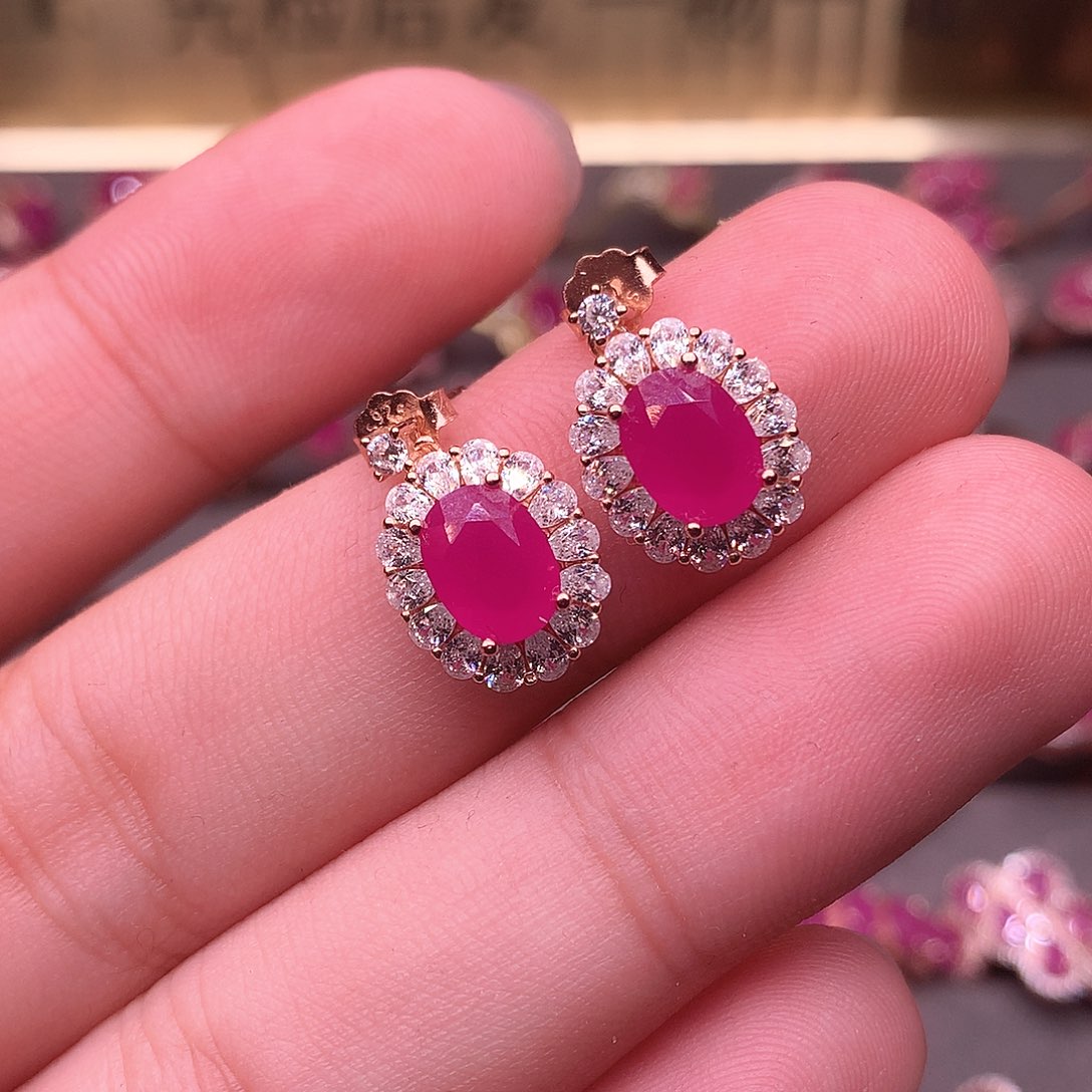 红宝石耳饰银S925镶嵌