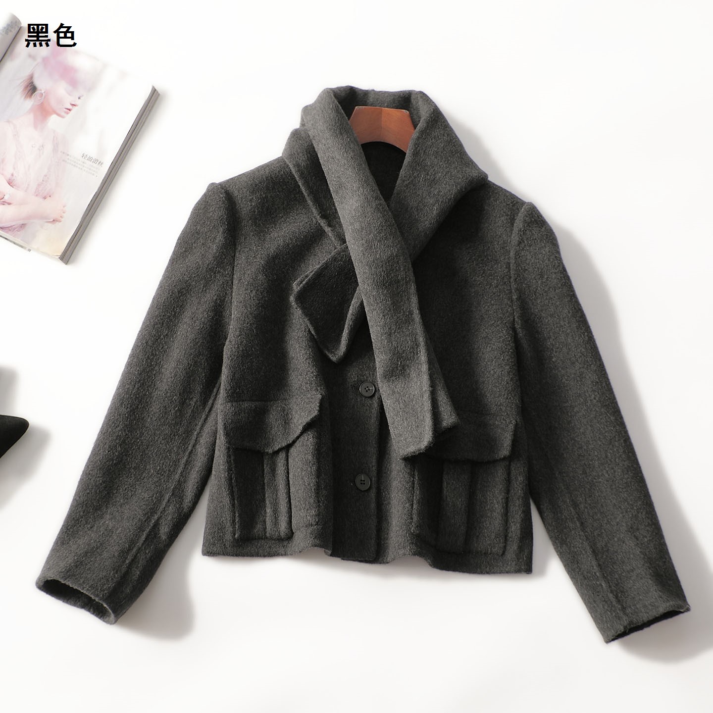 412845冬中长款长袖单扣双面呢大衣秋冬短款