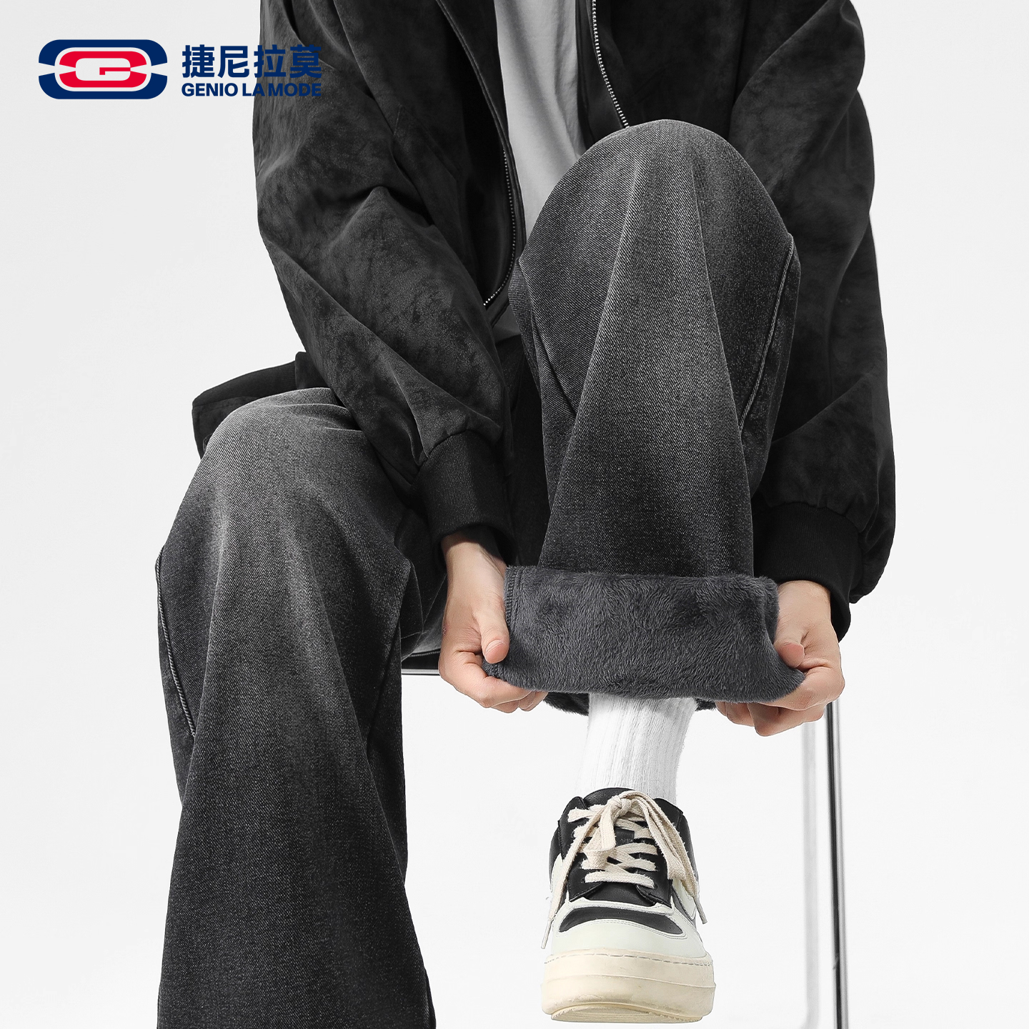 【敖瑞鹏代言】GENIOLAMODE黑色复古加绒牛仔裤男秋冬款美式阔腿裤